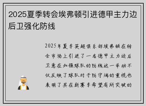 2025夏季转会埃弗顿引进德甲主力边后卫强化防线