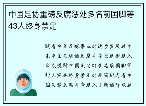 中国足协重磅反腐惩处多名前国脚等43人终身禁足